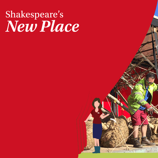 A figure draws aside a curtain to reveal a number of hornbeams with large netted root-balls, and a man in high-viz vest and shorts preparing to place them.