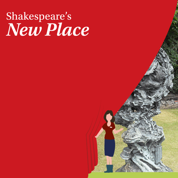 A figure draws aside a curtain to reveal the Midsummer Night's Dream sculpture - a very prominent asses head is being nuzzled by Titania; above is a moon with a slightly shocked face, and there are suggestions of trees and mushrooms of the enchanted wood.