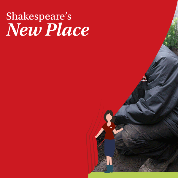 A figure draws aside a curtain to reveal a gardener about to plant something in a bank of flowers.