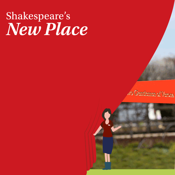 A figure draws aside a curtain to reveal a golden ball on a steel shaft, and a red pennant bearing the legend Two Gentlemen of Verona in gold.