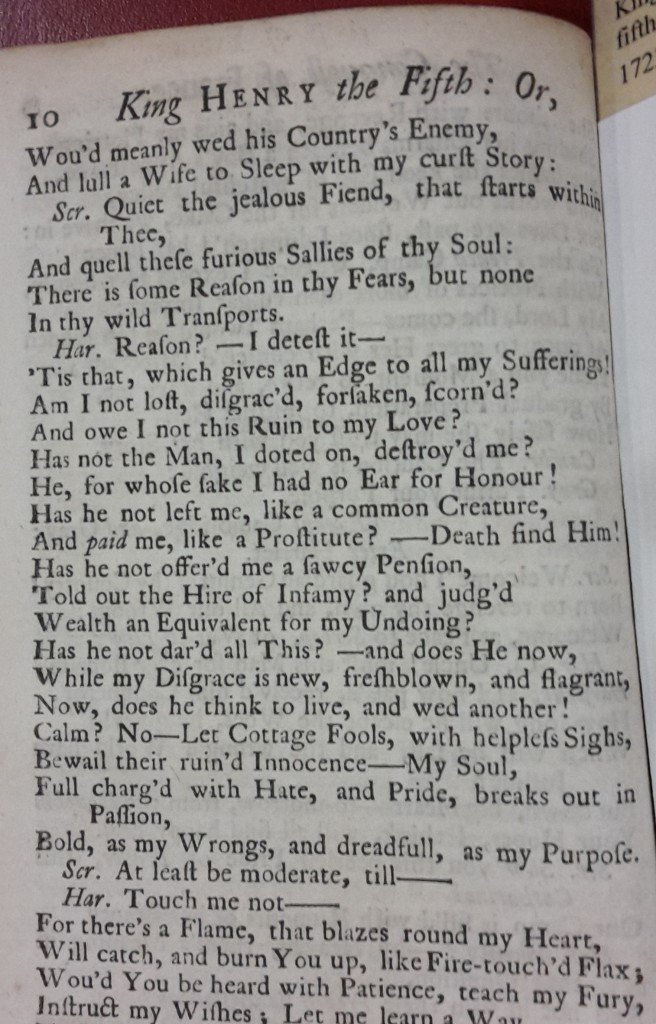 Rejected lover Harriet's angry tirade against Henry V in Aaron Hill's 1723 adaptation.