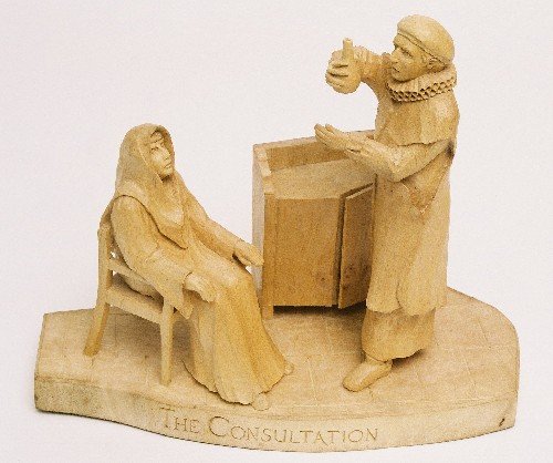 The lady, in a long dress and a separate hood, sits in a chair looking at the physician, in a long robe, a wide ruff and a round cap. He is holding up and inspecting a flask; beside him is a cabinet with a rim around two sides of the top.