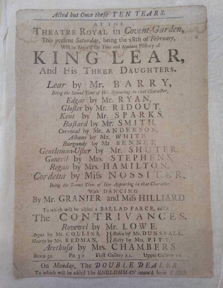 King Lear Playbill 1756 — Covent Garden