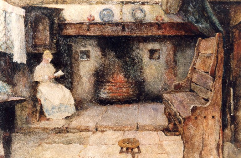The illustration shows the fireplace (with a large fire) and a long mantel shelf with two plates on it. To the left of the fire sits a lady in white, reading, in front of a carved corner-cupboard. On the stone floor (slightly lower than the stone hearth) is a high-backed wooden settle, and there is a low four-legged stool on the floor in front of it.