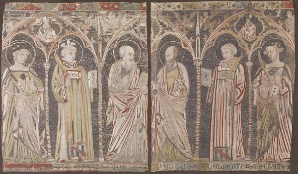 Embroidered altar frontal with standing saints – Italian, 14th century