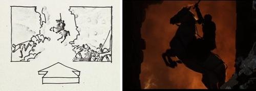 A selection of the storyboard from the 1989 'Henry V' alongside a still from the film.
