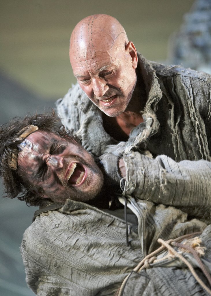 John Light as Caliban, Patrick Stewart as Prospero