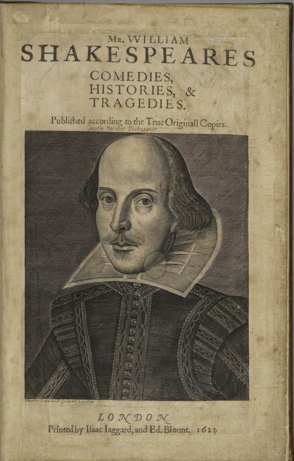 Title page from the Ashburnham First Folio, 1623. Headed "Mr William Shakespeare's Comedies Histories & Tragedies, it has a portrait of Shakespeare with high forehead, moustache (no beard), and ear-length straight hair. He wears a flat ruff.