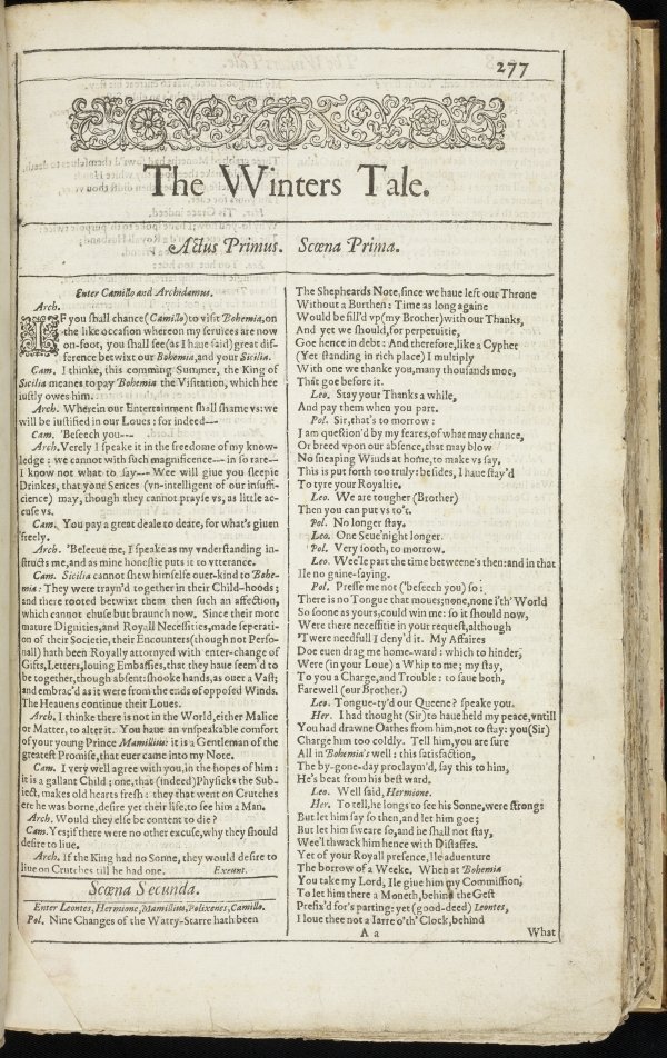 From the Wheler First Folio Page 277. The Winter's Tale, Title page. There is a decorative band above the title, and the text is in two columns.