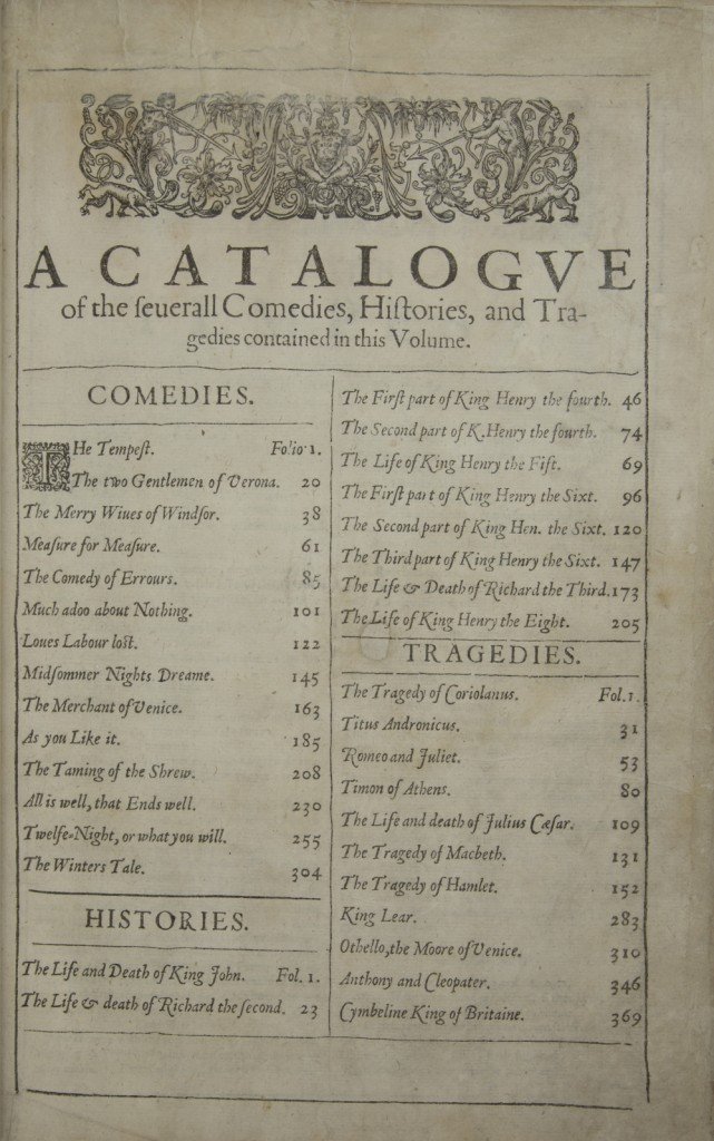 Ashburnham First Folio 1623: the contents page, below a wide decorative band - it is headed "A catalogue of the several Comedies Histories and Tragedies contained in this volume" and lists them in two columns under those three headings.