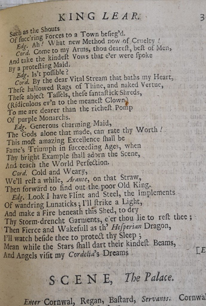 Cordelia and Edgar's romantic dialogue together in Nahum Tate's version of King Lear, 1681