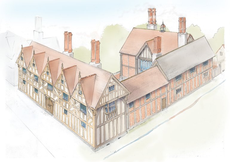 A reconstruction of Shakespeare's New Place - timber frame with wattle and daub at the front, timber frame with brick at the side and for the hall at the back parallel to the front. Four pairs of tall chimneys, and five gables on the three-storey front.