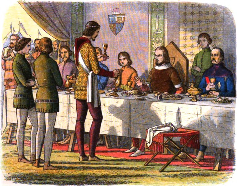 King John sits at a table covered with a white cloth, on which are many dishes of food. Various figures (all male) sit either side of him. Above the table is a shield on a pole hanging above John's head. A coroneted prince is serving him wine.