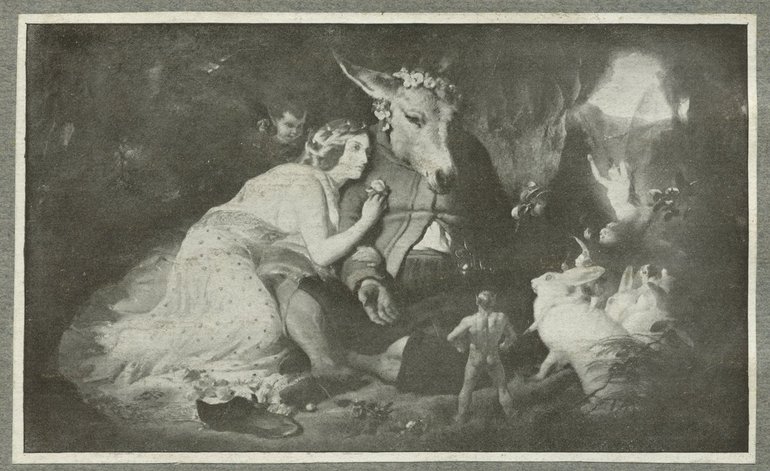 Titania, in a lacy full-length dress, sprawls against the shoulder of the assess-headed Bottom. In front of them stands a miniature naked man, beside and the same size as a pair of rabbits; other faces and miniature people are in the background.