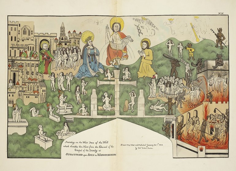 A print showing a medieval fresco in the Guild Chapel, Stratford-upon-Avon, from a drawing dated about 1804.