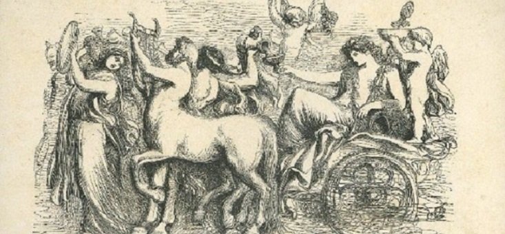 A drawing of a procession, a lady at the front holding a tambourine at head-height is followed by a Centaur with a lyre. Beside him on his far side is a figure with bare back waving something in the air, and they are followed by a figure lounging in a wheeled chair, flourishing a glass and attended by two naked young boys, one of whom carries a bowl.