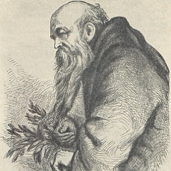 A drawing of Friar Laurence. He has a very long beard, a shaven head but hair at the back of it, and is carrying leaves.