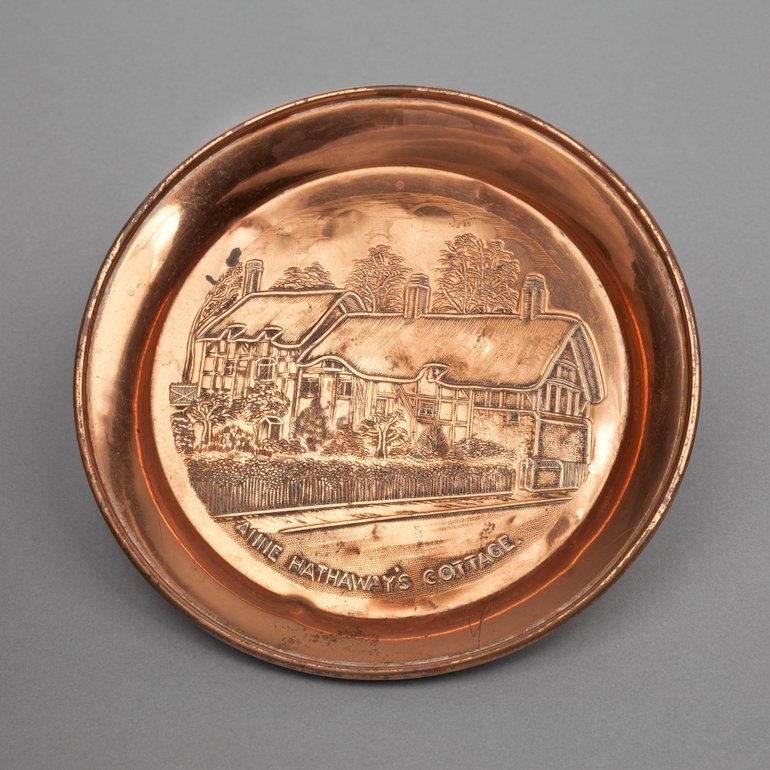 Small brass tray with cottage, 1930s