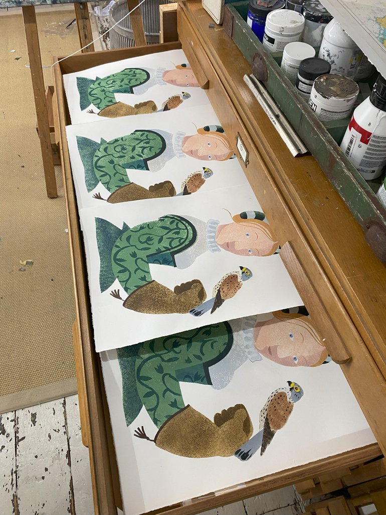 Image showing the four pochoir versions of the Anne Hathaway artwork from which one was selected