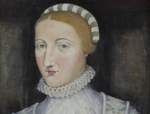 The portrait shows Anne Hathaway with light-brown straight hair, on which she wears a grey and white rolled band. Her face is pale, her eyes wide and dark, her nose long and straight, and her mouth is small and slightly pursed. She wears a lace collar.