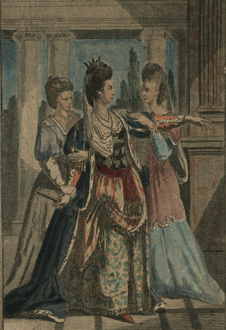 Mrs. Yates as Cleopatra, 1777 Wearing a full-length dress and a rich gown, with hair piled high and surmounted by a small crown, Mrs Yates  points imperiously to our right. One of two maids behind her clutches her outstretched arm. Background is columns.