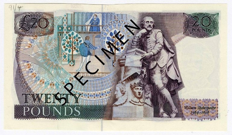 The back of an old twenty pound note featuring a scene from Romeo and Juliet and an image of the Shakespeare statue in Westminster Abbey.