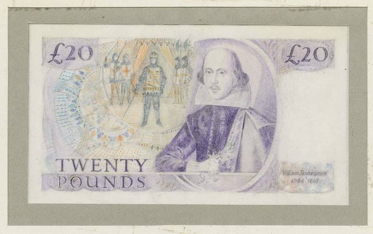 An alternative design for the William Shakespeare banknote featuring a different version of his portrait.