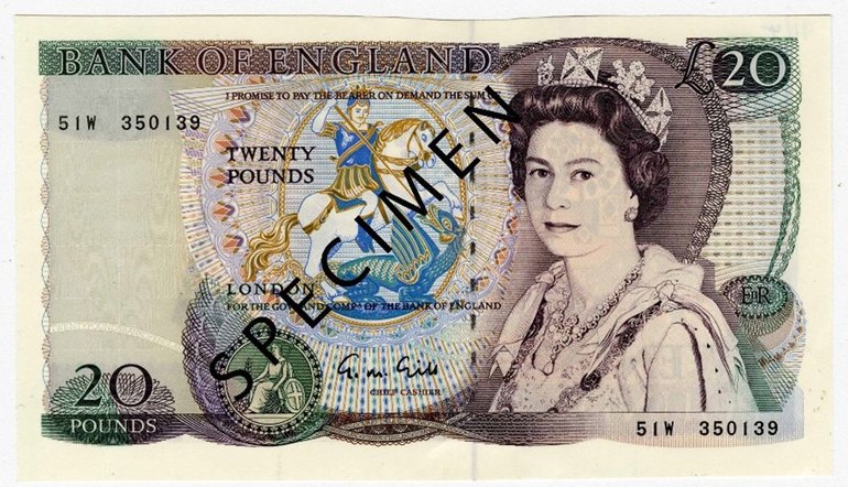 Front of the twenty pound banknote featuring William Shakespeare.
