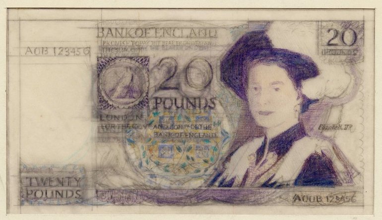Design for the banknote with alternate portrait of the Queen and alternate roundel showing flowers.
