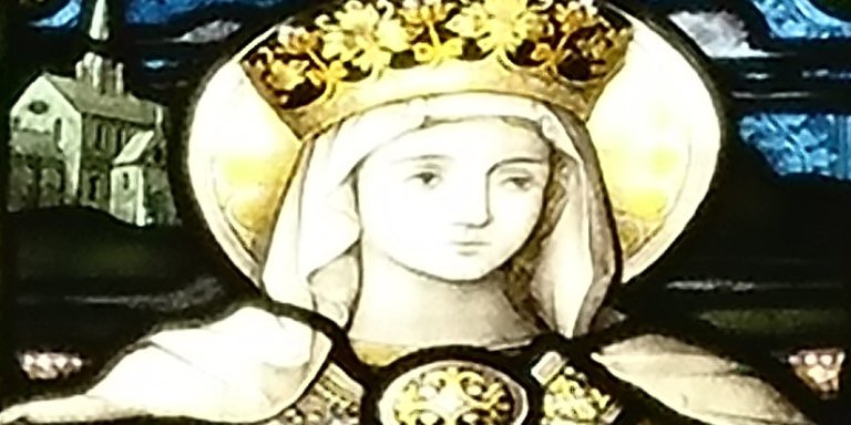 A close up of St Elizabeth stained glass window