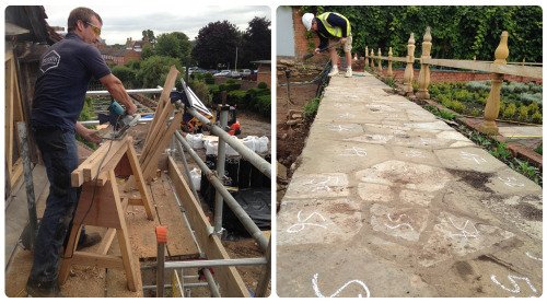 Two separate images: the first of a carpenter drilling timber on a scaffold plank, with trees and the tower of Holy Trinity in the distance; the second of a newly-laid crazy-paving path in the garden..