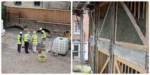 Conservation, Nash's House: two pictures, one of a group of workmen mixing the "daub", the other of the "daub" in place on arts of the wooden frames.
