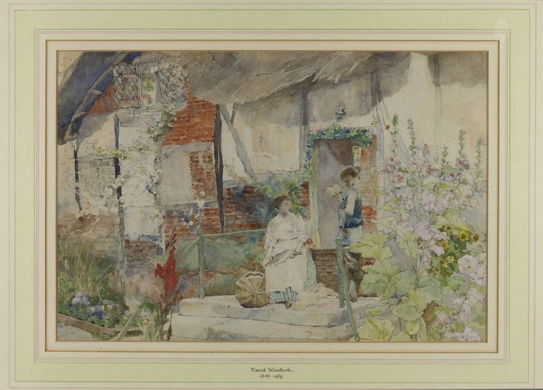 The picture shows a wood-framed and part brick cottage (presumably Anne Hathaway's Cottage);  a woman with a baskets sits outside talking to a man leaning against the opposite doorpost. The picture is not very clear.