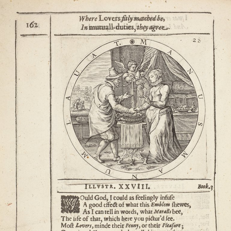 George Wither’s 'A Collection of Emblemes, Ancient and Moderne' (London, 1635) with an illustration of Image of a couple and a cupid.