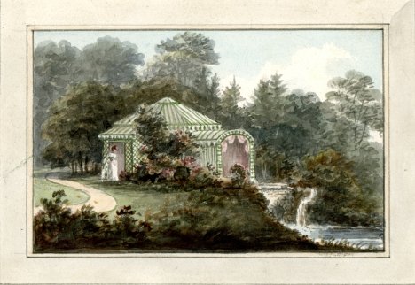 Humphry Repton's watercolor sketch of a decorative bath house and seat in the flower gardens of Adlestrop Park in Gloucestershire, owned by the Leigh family.
