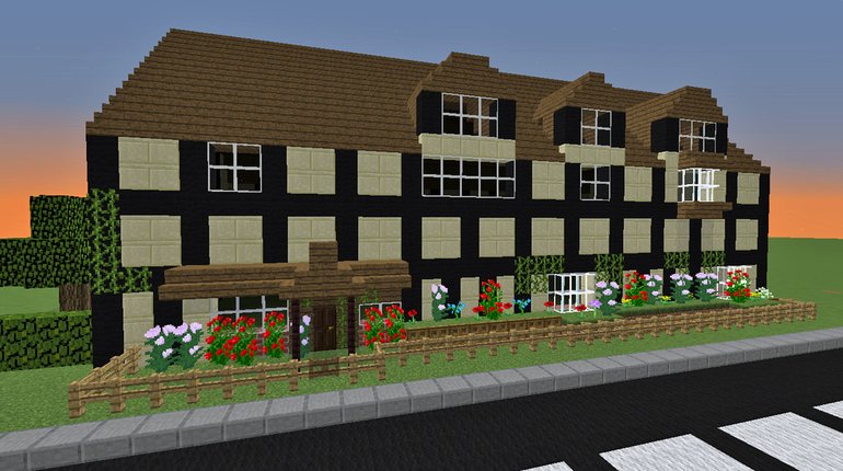 A model entered for the "Sakescraft" competition, based on the Birthplace but with remarkably straight beams across the whole of the front, and with the addition of a fence, lawn and flowers in front.