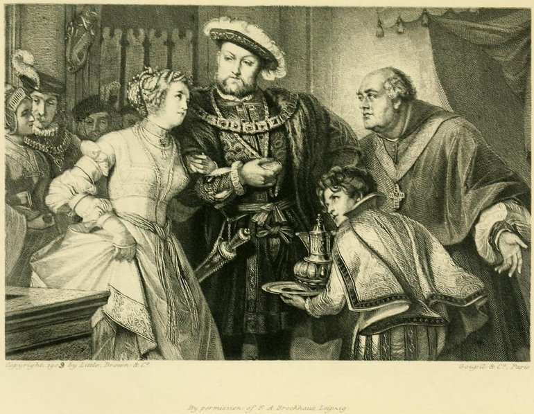 Anne Boleyn, magnificently dressed, leans her head against Henry's right shoulder, looking up into his face. He grasps her right hand and looks down at her appraisingly. On the right Wolsey looks on in concern; in the foreground a page is bringing drink.