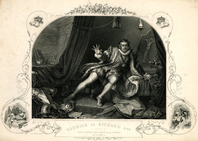 His right hand held up in protest, he slumps to his left on a couch. He wears rich, mediaeval-style clothing, and is in a room which suggests luxury. A  heavy curtain drapes to the left, and a suit of armour lies on the floor in the bottom left corner.