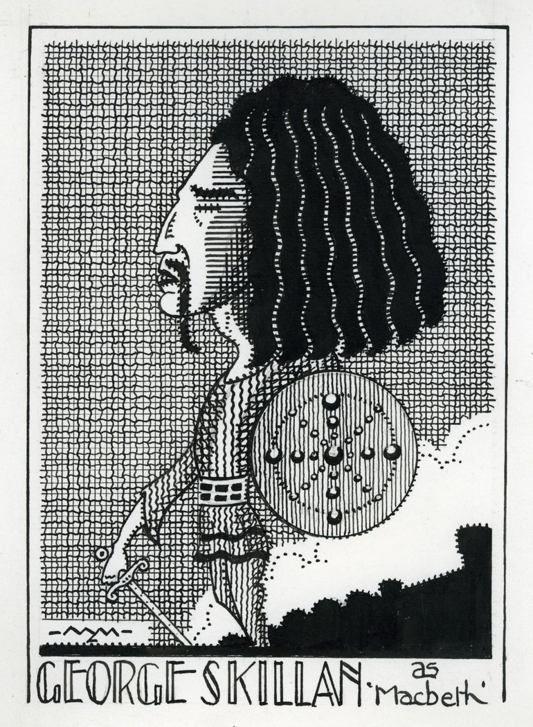 Programme cover for George Skillan as Macbeth (1920), showing a profiled cartoon figure with a large head, shoulder-length curly black hair, and a long moustache. He holds a sword and a round shield.