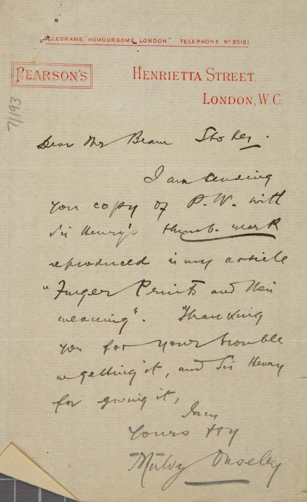 Letter from H. Onseley to Bram Stoker