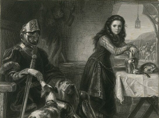 On the left sits a man in a helmet and rich-looking robes, an upright sword lying between his right arm and his body. On the right a woman in a long dress and long wild black hair leans on a flask on a table.