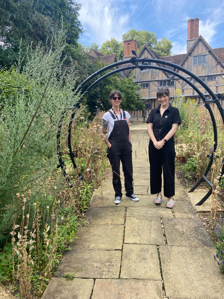 Photo showing Sian Cooper, Gardens Manager at the Shakespeare Birthplace Trust, and Dr Ailsa Grant Ferguson, University of Brighton, in the garden at Hall's Croft