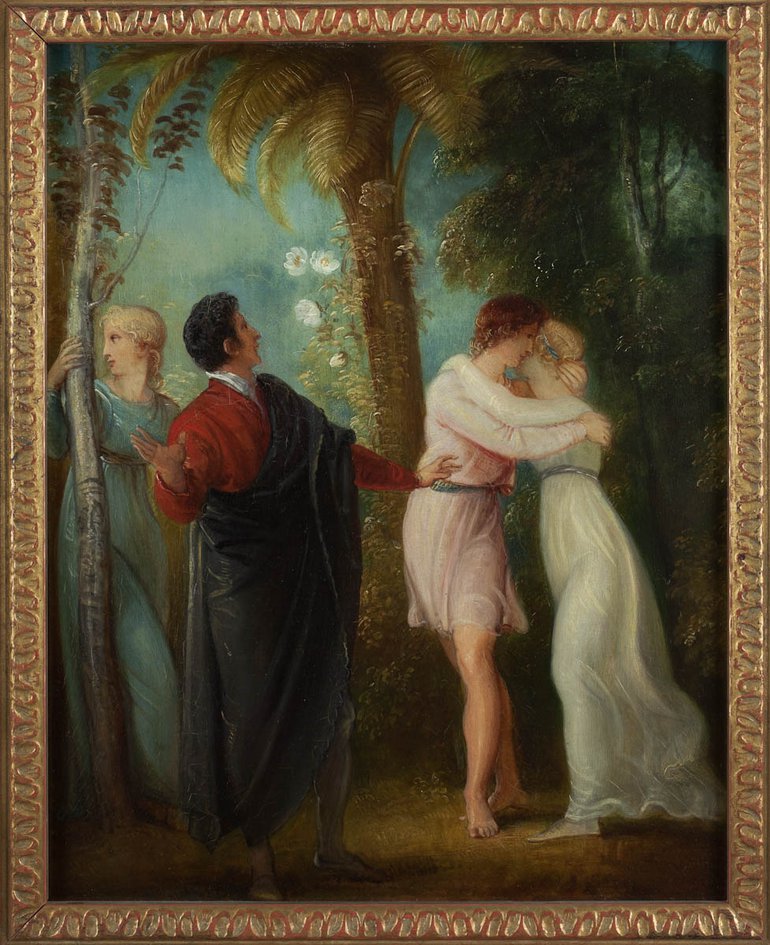 'In the Forest of Arden' by Thomas Stothard (Oil Painting, early C19) STRST: SBT 2014-11. Depicted is a scene from 'As You Like It: on the right, two figures (Rosalind & Orlando?) embrace, whilst a male figure stands in the foreground. On the left, a female stands and grasps a tree trunk.