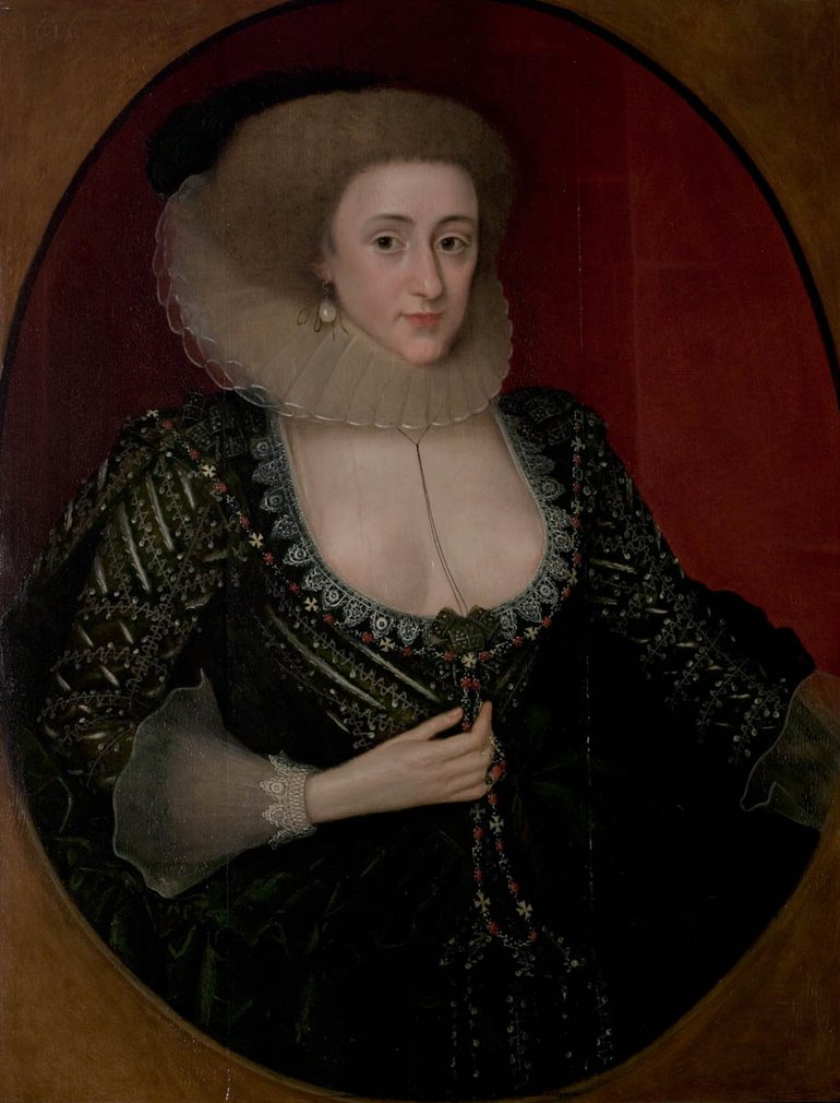 A portrait of Joyce Clopton. She wears a ruff, a black dress, and her hair has been combed back.