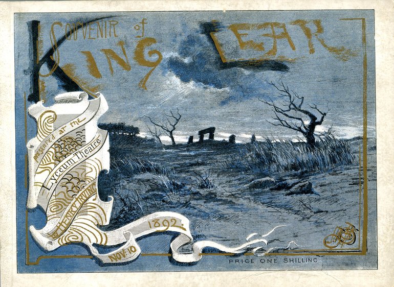 The programme cover shows the blasted heath, bare twisted trees boulders, ditches and standing stones. A scroll in the bottom left corner gives the place (Lyceum) and star (Irving) and date (November 10, 1892).