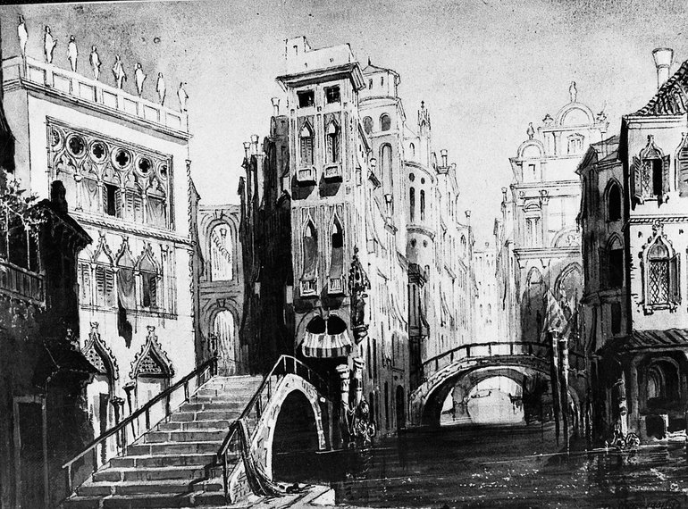 Merchant of Venice set, 1858. A stepped bridge leads up to tall Venetian buildings with tall windows,  The canal under the bridge joins another at right angles which runs towards the rear under a series of bridges and between more tall buildings.