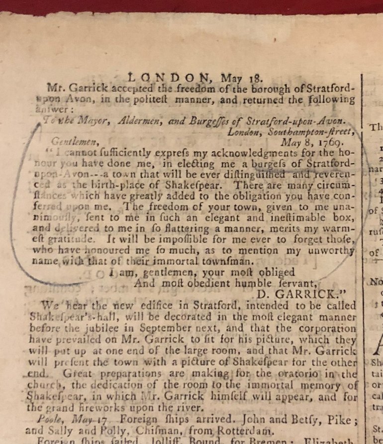 The page reports Garrick's being given the freedom of Stratford, and publishes his letter of thanks.