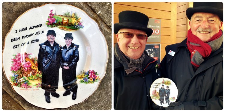 This picture is divided into two. On the left there is a photo of the plate created by Carrie Reichardy. On the right there is a photo of Jed and George holding the plate.