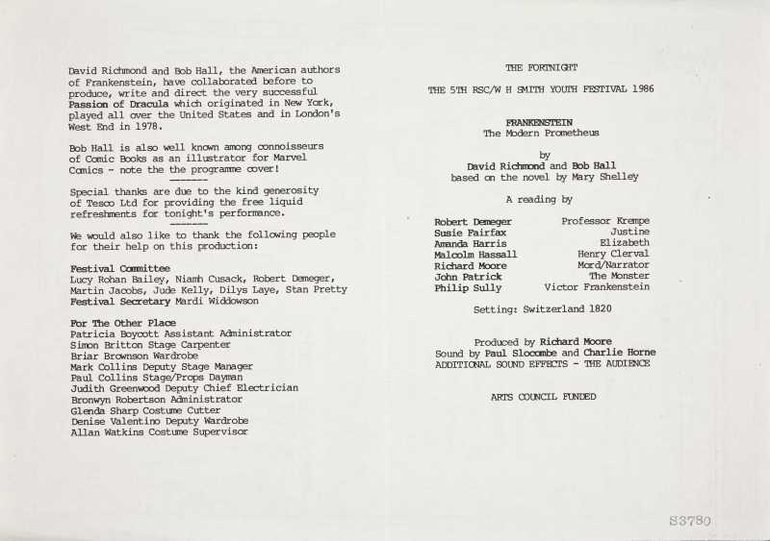 Programme for Frankenstein performed at the RSC in 1986 (verso)