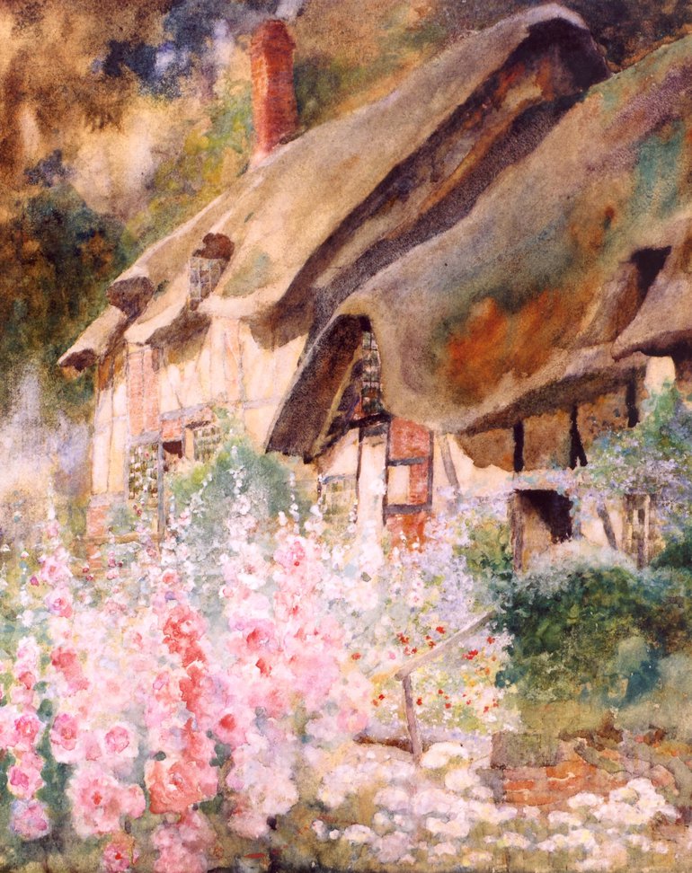 Anne Hathaway's Cottage: Watercolour showing the thatched cottage with miscellaneous flowers in the foreground.
